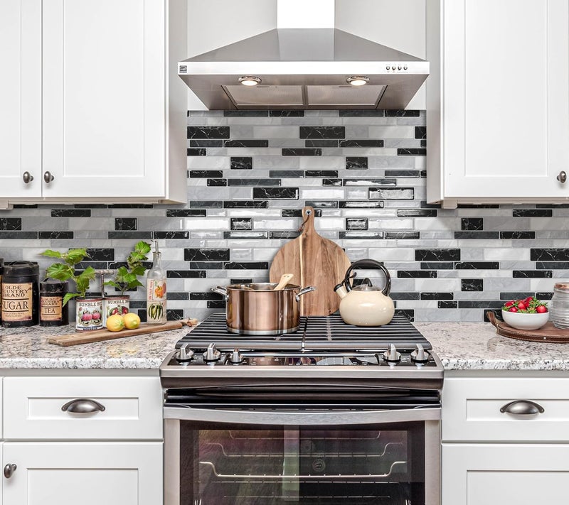 DEWOO Kitchen Backsplash Self Adhesive Wall 3D Marble Tiles Peel and Stick Bathroom, Black Mosaic (10-Sheet, 12"×12") - Image 2